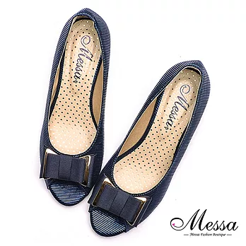 【Messa米莎專櫃女鞋】MIT質感壓紋蝴蝶結內真皮魚口楔型鞋35藍色