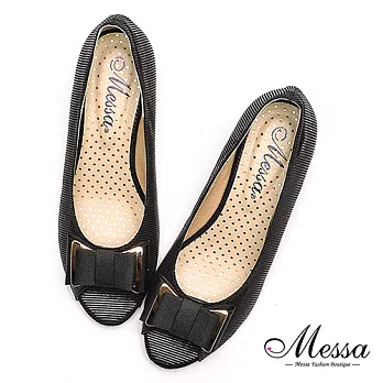 【Messa米莎專櫃女鞋】MIT質感壓紋蝴蝶結內真皮魚口楔型鞋35黑色