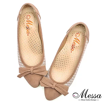 【Messa米莎專櫃女鞋】MIT親膚絨復古千鳥格內真皮低跟尖頭鞋35米色