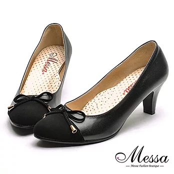 【Messa米莎專櫃女鞋】MIT好女人百搭款蝴蝶結綴飾內真皮中跟包鞋38黑色
