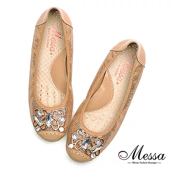 【Messa米莎專櫃女鞋】MIT華麗巴洛克風水鑽內真皮平底娃娃鞋35香檳色