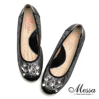 【Messa米莎專櫃女鞋】MIT華麗巴洛克風水鑽內真皮平底娃娃鞋36黑色