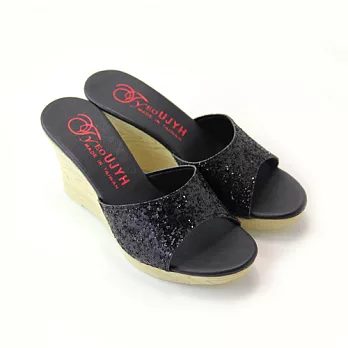 【Pretty】閃耀金蔥厚底楔型拖鞋22.5黑色