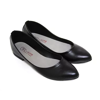 【Pretty】簡約典雅素面尖頭平底鞋22.5黑皮