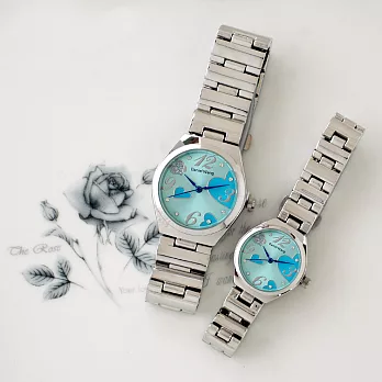 Daniel Wang 3145 浪漫愛心亮鑽刻度銀色鐵帶對錶-藍色小型