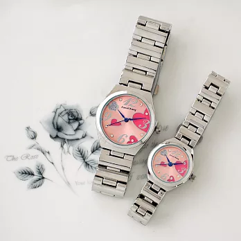 Daniel Wang 3145 浪漫愛心亮鑽刻度銀色鐵帶對錶-粉色小型