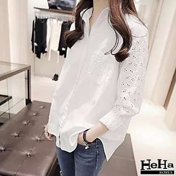 襯衫 長袖繡花鏤空襯衫 白色-HeHa-L*