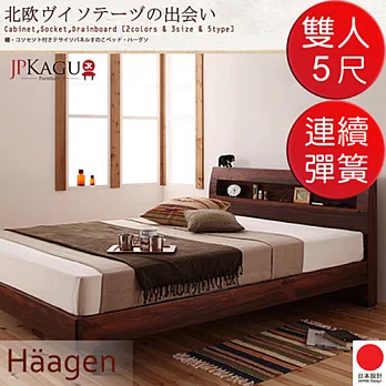 JP Kagu 附床頭櫃與插座北歐復古風床組-高密度連續彈簧床墊雙人5尺(2色)棕色
