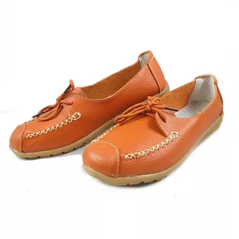 【Moscova】手工真皮系列。素色拼接綁帶裝飾真皮鞋36橘色