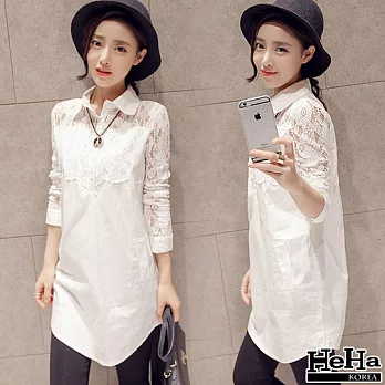 -襯衫 BF風拼接蕾絲長版襯衫 白色-HeHaXL*