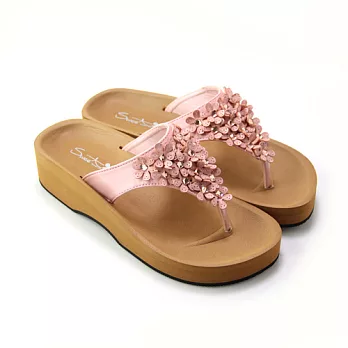 【Pretty】春紛晶鑽花朵厚底夾腳拖鞋36粉紅色