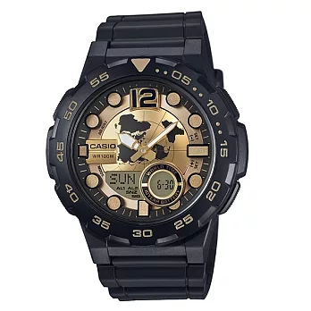 CASIO 宏觀世界10年電力雙顯運動腕錶-黑金-AEQ-100BW-9A