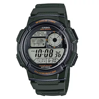 CASIO 世界景觀色彩再進化電子數位運動腕錶-綠-AE-1000W-3A