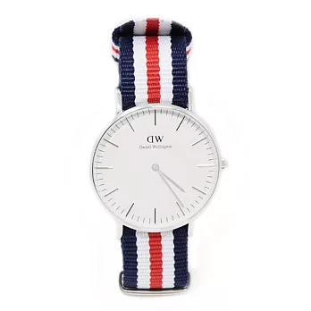 DW Daniel Wellington 藍白紅尼龍錶帶 銀色錶框/36mm0606DW