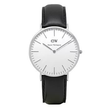 DW Daniel Wellington 黑色皮革錶帶 銀色錶框/36mm0608DW