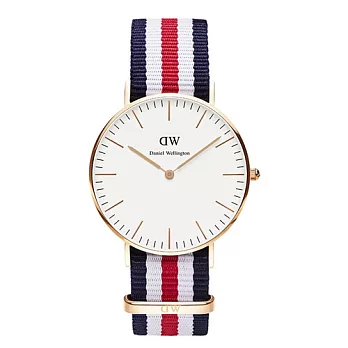 DW Daniel Wellington 藍白紅尼龍錶帶 玫瑰金錶框/36mm0502DW