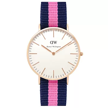 DW Daniel Wellington 藍粉紅尼龍錶帶 玫瑰金錶框/36mm0505DW