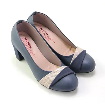 【Pretty】簡約素雅金蔥拼接粗高跟鞋22.5藍色