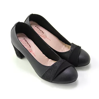 【Pretty】簡約素雅金蔥拼接粗高跟鞋22.5黑色