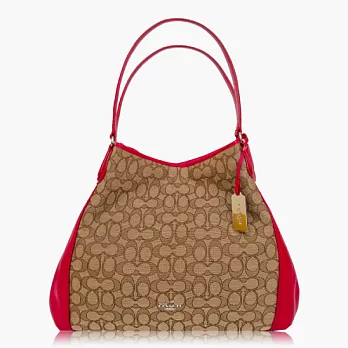 【COACH 實搭耐用】織布 / 手提 / 肩背三層包(大款)_卡其紅