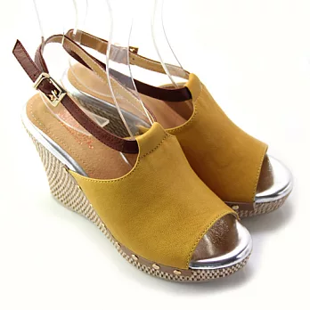 ◤Green Phoenix◥BIS-VITAL 復刻原味素面金屬釘扣義大利山羊皮編織楔型繫踝涼鞋34.5黃色