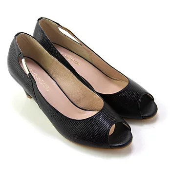 ◤Green Phoenix◥高雅清新金屬邊條皮革壓花紋全真皮低跟魚口鞋5黑色