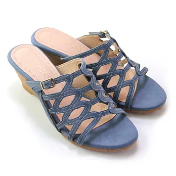 ◤Green Phoenix◥恬靜春氛幾何圖形網狀金屬扣全真皮楔型拖鞋34.5藍色