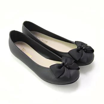 【Pretty】極素優雅串珠朵結平底娃娃鞋23.5黑色
