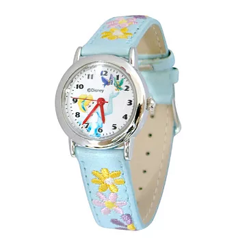 【迪士尼】灰姑娘刺繡英文皮帶錶-粉藍 (B8694)