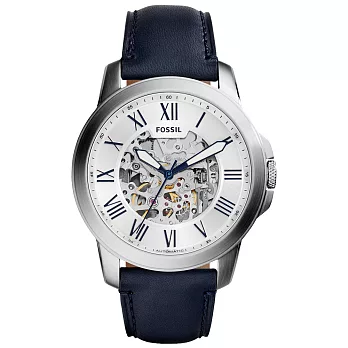 FOSSIL 流逝歲月經典機械錶-銀x深藍皮帶