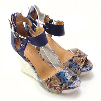 ◤Green Phoenix◥BIS-VITAL 多彩撞色金屬感皮革壓蛇紋T型義大利羊皮編織楔型羅馬涼鞋35藍色