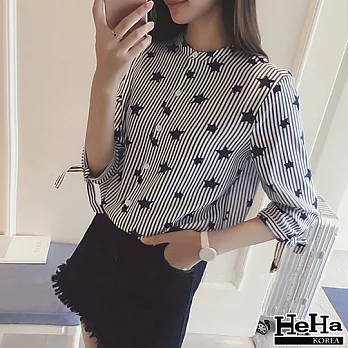 襯衫 春夏棉麻五角星七分袖上衣 藍色-HeHa-FREE*