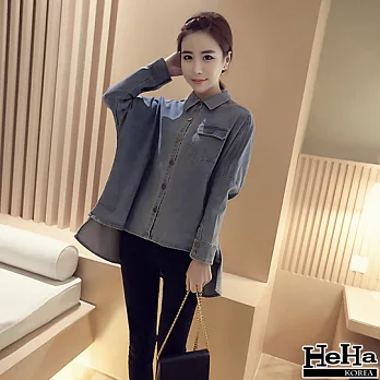 襯衫 前短後長開岔連袖牛仔上衣 藍色-HeHa-FREE*