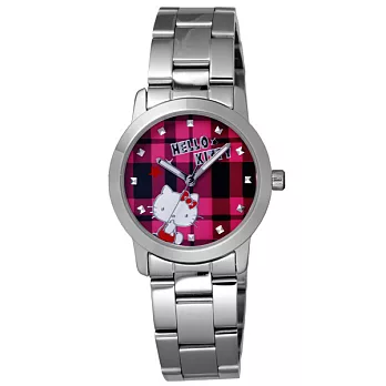 Hello Kitty 童趣格子造型腕錶-桃紅X銀