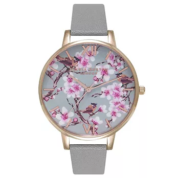 Olivia Burton 英倫復古精品手錶 浮世繪鳥語花開 灰色真皮錶帶 玫瑰金錶框 38mm
