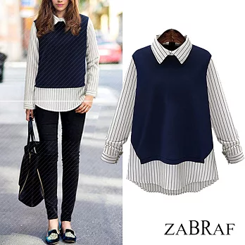 【BR】假兩件翻領條紋長袖襯衫M-XXL可選(現貨+預購）M深藍色