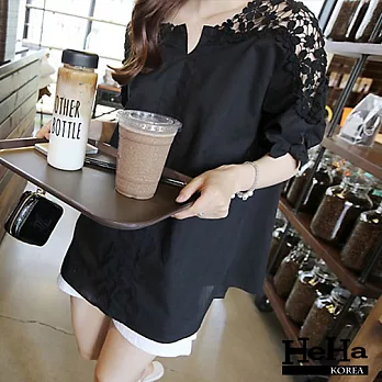 上衣 純棉鏤空蕾絲袖口綁帶蝴蝶結襯衫 二色-HeHa-M(黑色)