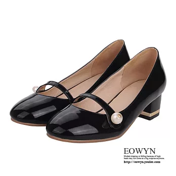 EOWYN．韓版珍珠裝飾淺口粗跟包鞋EMD04030-77/3色/34-39碼現貨+預購34黑色