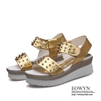 EOWYN．歐美時尚新款羊皮鉚釘厚底鬆糕涼鞋EMD04295-99/2色/34-39碼現貨+預購34金色