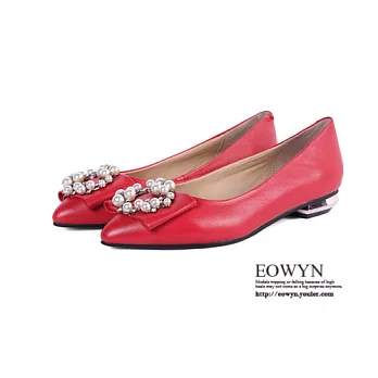 EOWYN．尖頭蝴蝶結珍珠水鑽裝飾平底包鞋EMD04226-99/3色/34-39碼現貨+預購34紅色