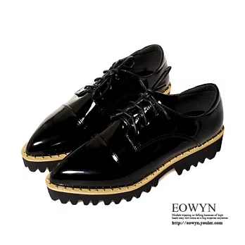 EOWYN．時尚平底皮鞋尖頭系帶粗中跟包鞋EMD04227-100/2色/34-39碼現貨+預購34黑色