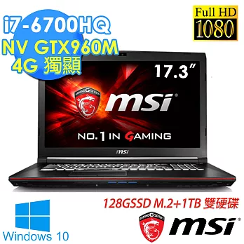 【MSI 微星】GP72 6QF-484TW 17.3吋《1TB+128G SSD》i7-6700HQ GTX960-4G獨顯 FHD電競筆電-Win10