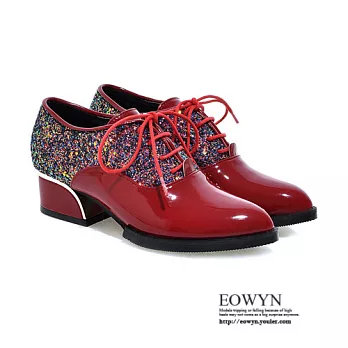 EOWYN．潮流皮鞋尖頭系帶粗跟紳士包鞋EMD04186-79/3色/34-39碼現貨+預購34紅色