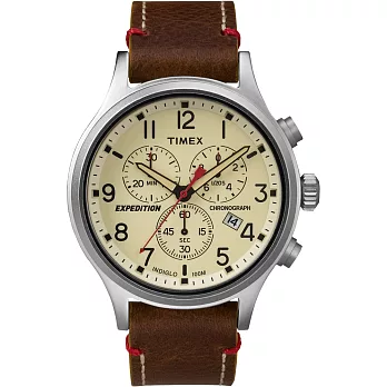 TIMEX 精準轉動三眼計時腕錶-黑x咖啡皮帶
