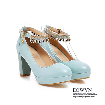 EOWYN．歐美風圓頭金屬釦環粗高跟包鞋EMD04150-74/4色/34-39碼現貨+預購34藍色