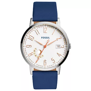 FOSSIL 復古繆斯時尚皮帶錶-銀框白x海藍色皮帶