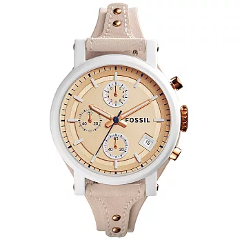 FOSSIL 輕快節奏計時腕錶-白框x膚色皮帶