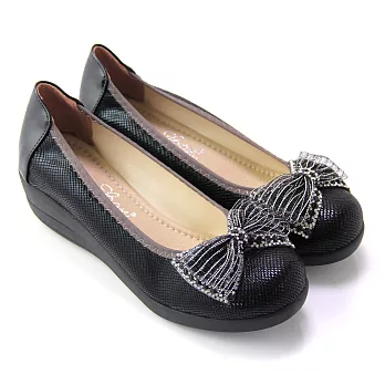 【Pretty】典雅朵結緞帶楔型厚底包鞋23黑色