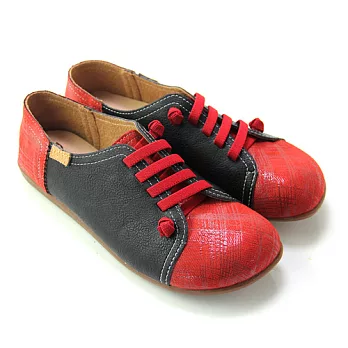 【Pretty】自然花紋撞色拼接彈性鬆緊帶平底休閒鞋23紅色