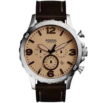 FOSSIL 重裝教士三眼運動計時腕錶-卡其x咖啡皮帶